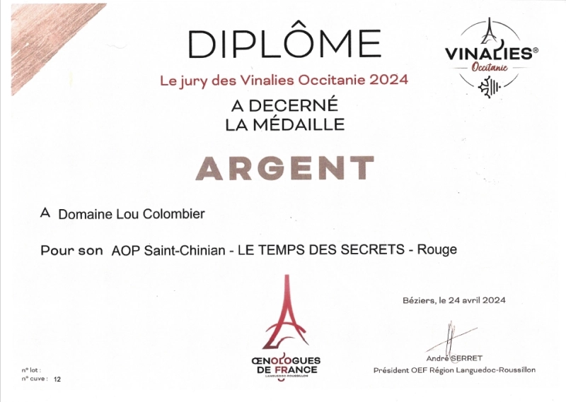 Le Domaine célèbre son AOP Saint-Chinian médaillé d'argent aux Vinalies d'Occitanie